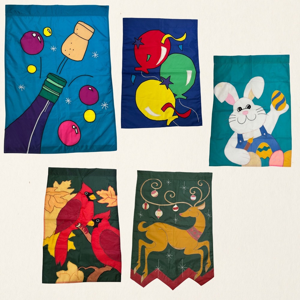 Vintage 90's Lot of 5 Outdoor Seasonal Holiday Garden Flags Embroidered Nylon